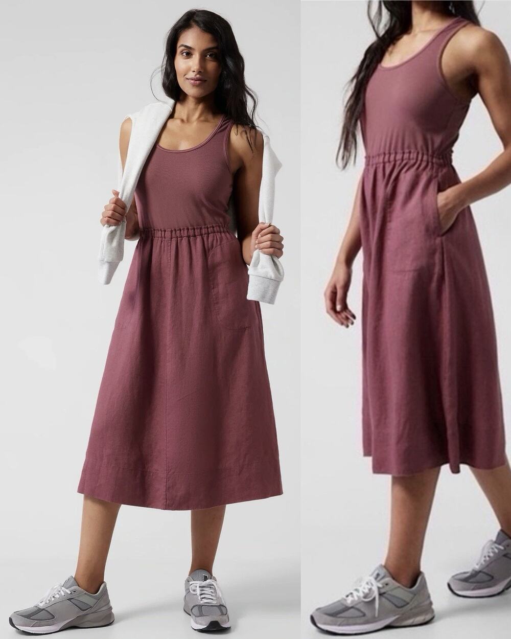 Athleta Dress Womens Extra Small Baja Midi Burgundy Linen Racerback Tank Pockets - Picture 1 of 12